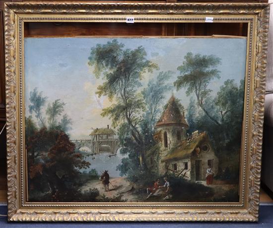 French School, oil on canvas, Figures by a water mill, 76 x 91cm.